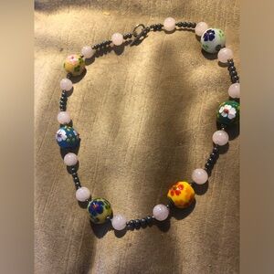 Floral Glass, Rose Quartz & Hematite Necklace - 30A $40 or $35 w/offer